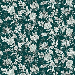 May include: A seamless pattern featuring white floral designs on a teal background. The pattern includes various sizes of flowers and leaves, creating a delicate and intricate design.