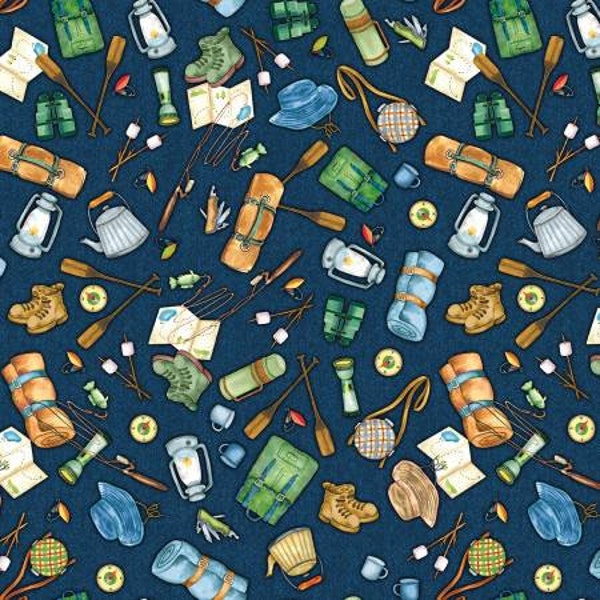 Live Love Camp Navy Gone Camping Motifs Fabric Yardage, Nicole DeCamp, KANVAS by Benartex, Cotton Quilt Fabric, Camp Fabric