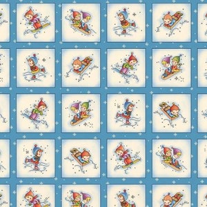May include: A repeating pattern of illustrations of children on sleds and ice skates. The children are wearing red, blue, and yellow clothing. The background is a light blue with white snowflakes.