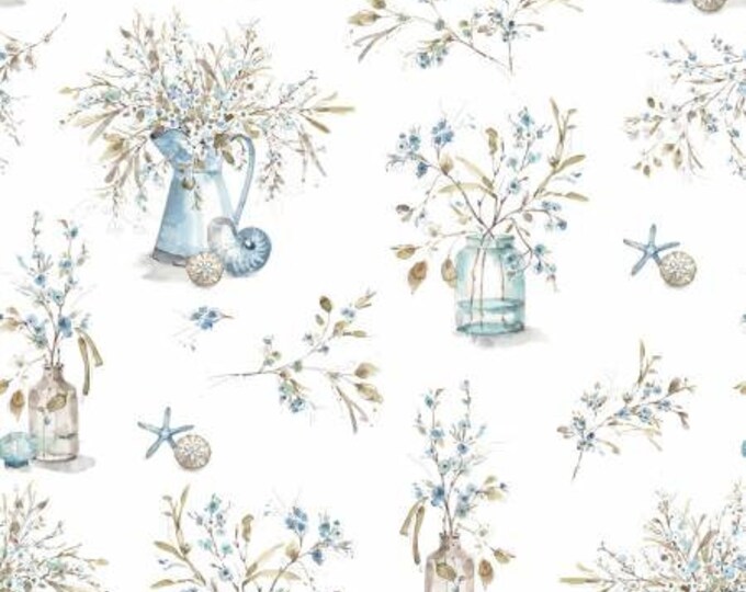 Blue Escape Coastal Main Off White Fabric Yardage, Lisa Audit, Riley Blake Designs, Cotton Quilt Fabric, Floral Fabric