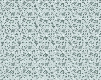 May include: A fabric with a repeating pattern of stylized leaves, berries, and star shapes in shades of green and white on a light blue background. The pattern is dense and covers the entire surface.