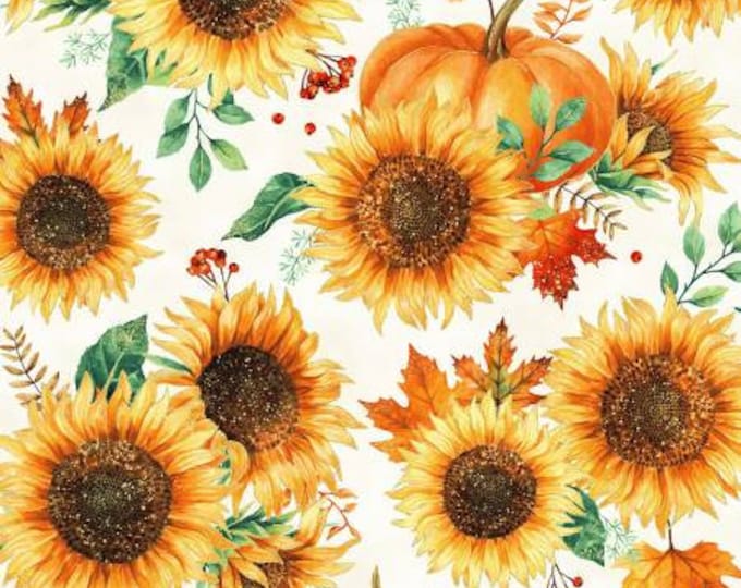 Autumn is In the Air Harvest Sunflowers & Pumpkins with Gold Metallic Fabric Yardage, Hoffman Fabrics, Cotton Quilt Fabric