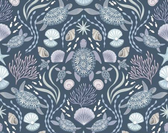 Ocean Pearls Sea Turtle Family on Dark Blue with Pearl Fabric Yardage, Lewis & Irene, Cotton Quilt Fabric, Ocean Fabric