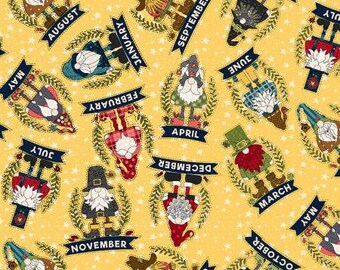 Gnome for the Holidays Yellow Gnome Fabric Yardage, Leanne Anderson, Henry Glass, Cotton Quilt Fabric