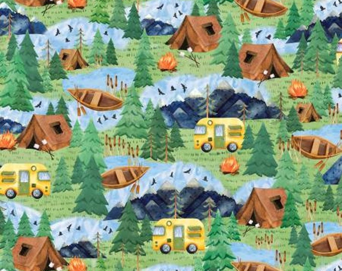 Live Love Camp Multi Camping Scenic Fabric Yardage, Nicole DeCamp, KANVAS by Benartex, Cotton Quilt Fabric, Camp Fabric