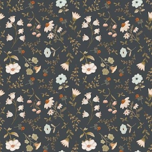 May include: A seamless pattern featuring delicate white and light blue flowers with green leaves on a dark blue background.