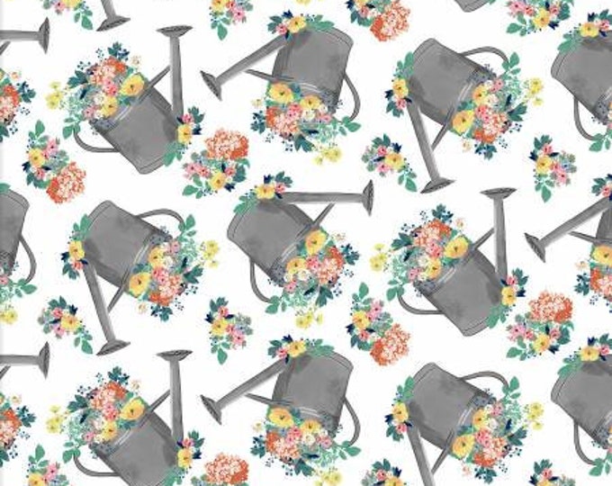 Flower Junction White Watering Cans Fabric Yardage, Jennifer Ellory,  3 Wishes Fabric, Cotton Quilt Fabric, Floral Fabric