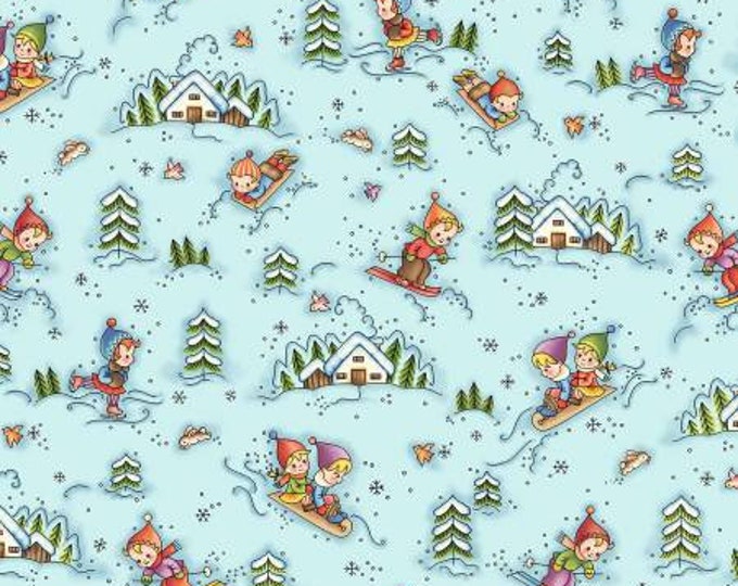 Winter Fun Aqua Snow Day Outing Fabric Yardage, Michael Miller Fabrics, Cotton Quilt, Winter Fabric