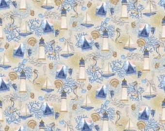 Cobalt Seas Beige Coastal Collage Fabric Yardage, Andrea Tachiera, Henry Glass, Cotton Quilt Fabric