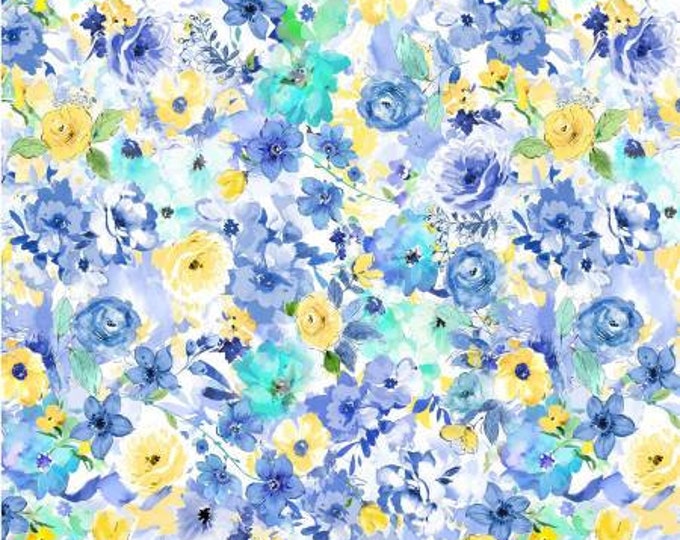 Blue Muse White Floral Fabric Yardage, MMF Collection, Michael Miller Fabrics, Cotton Quilt Fabric Yardage, Floral Fabric