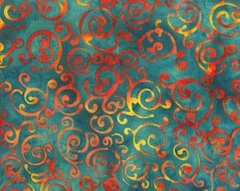 Dark Teal Scrolls Batik Jacqueline de Jong Adventure Fabric Yardage, Anthrology Fabrics, Cotton Quilt Fabric, Batik Fabric