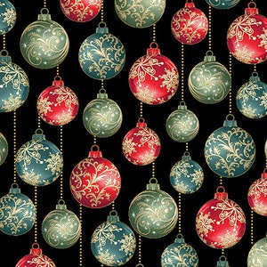 Festive Medley Black/Multi Ornaments w/Metallic Fabric Yardage, Benartex, Jackie Robinson, Cotton Quilting Fabric, Christmas Fabric
