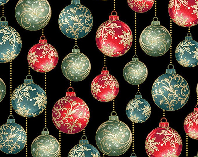 Festive Medley Black/Multi Ornaments w/Metallic Fabric Yardage, Benartex, Jackie Robinson, Cotton Quilting Fabric, Christmas Fabric