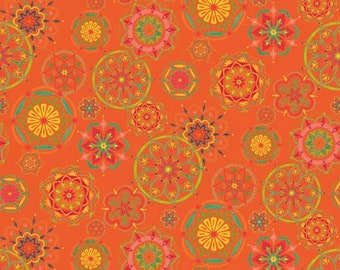 Remnant 1/2-Yard Indigo Garden Mandala Orange Fabric Yardage, Heather Peterson, Riley Blake Designs, Cotton Quilt Fabric, Floral Fabric