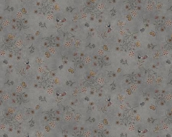 Remnant 1-1/3 Yards Bluebird of Happiness Dark Gray Stitches Fabric Yardage, Janet Nesbitt, Henry Glass, Cotton Quilt Fabric, Bird Fabric