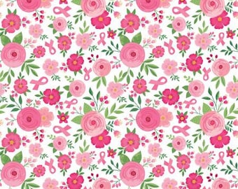 Strength in Pink Floral White Fabric Yardage, RBD Collection, Riley Blake Designs, Cotton Quilt Fabric, Floral Fabric