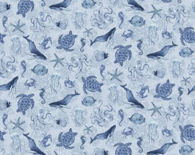 Cobalt Seas Light Blue Sea Life Fabric Yardage, Andrea Tachiera, Henry Glass, Cotton Quilt Fabric