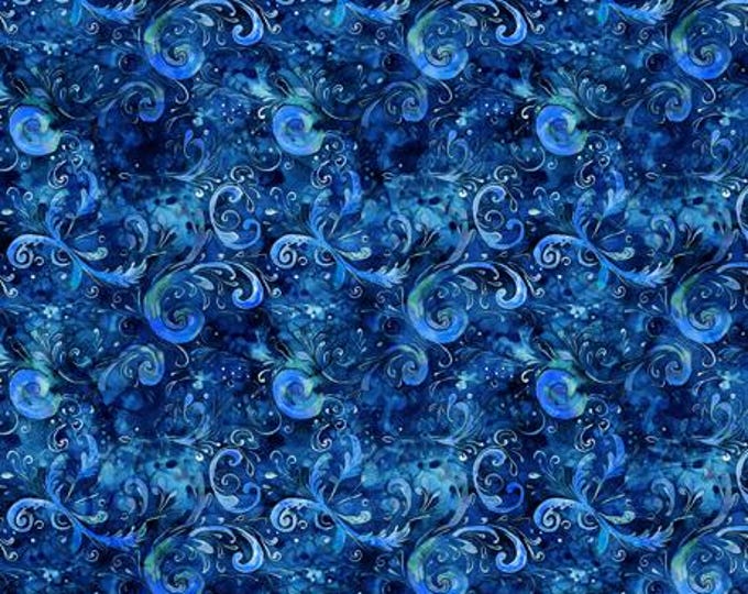 Midnight Blooms Blue Filigree Scroll Fabric Yardage, QT Fabrics, Floral Fabric