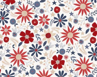 America the Beautiful Patriotic Flowers Fabric Yardage, Loni Harris, P & B Textiles, Cotton Quilt Fabric, Patriotic Fabric