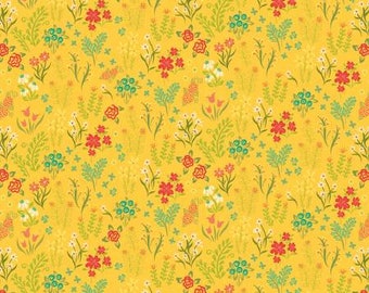 Indigo Garden Scattered Floral Yellow Fabric Yardage, Heather Peterson, Riley Blake Designs, Cotton Quilt Fabric, Floral Fabric