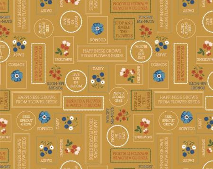 Forget Me Not Ochre Stamps Fabric Yardage, Allison Harris, Windham, Cotton Quilt Fabric, Floral Fabric