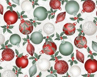 Christmas Splendor Winter Cherry Silver Ornament Fabric Yardage, Hoffman Collection, Hoffman Fabrics, Cotton Quilt Fabric, Christmas Fabric
