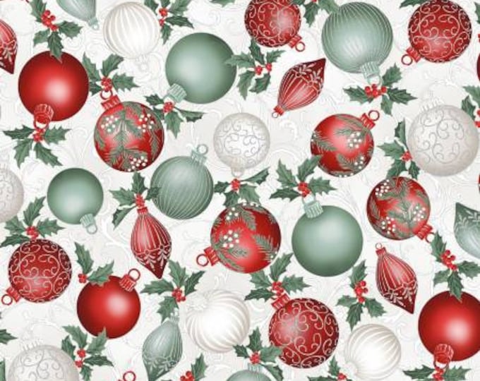 Christmas Splendor Winter Cherry Silver Ornament Fabric Yardage, Hoffman Collection, Hoffman Fabrics, Cotton Quilt Fabric, Christmas Fabric