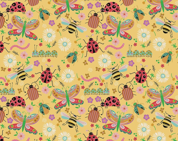 Hey Love Bug Yellow Bugs Fabric Yardage, McKenzie Elston, Poppie Cotton, Cotton Quilt Fabric
