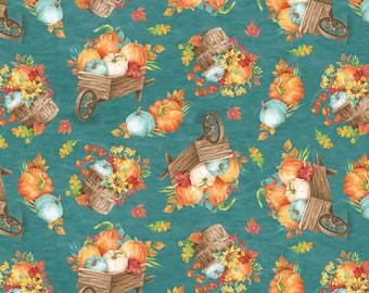 Autumn Blessings Teal Autumn Wheelbarrows & Cornucopia Fabric Yardage, Silas M. Studio, Blank Quilting, Cotton Quilt Fabric, Autumn Fabric