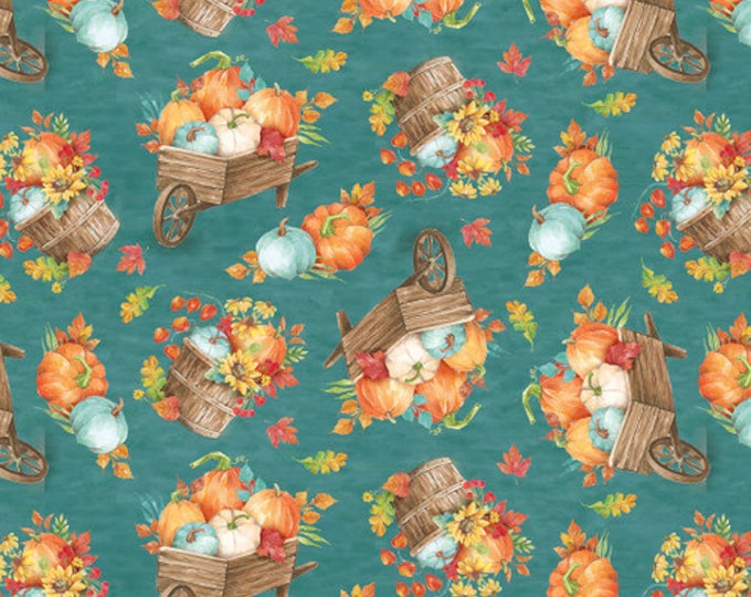 Autumn Blessings Teal Autumn Wheelbarrows & Cornucopia Fabric Yardage, Silas M. Studio, Blank Quilting, Cotton Quilt Fabric, Autumn Fabric