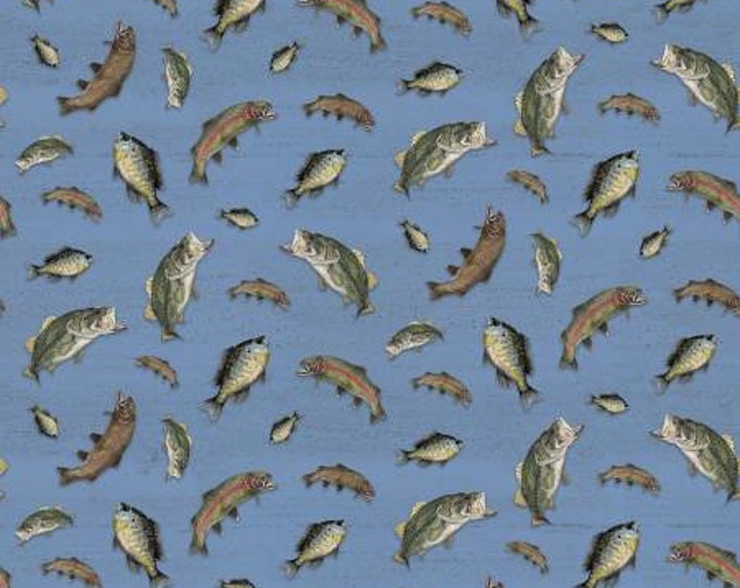 At the Lake Fish Blue Fabric Yardage, Tara Reed, Riley Blake Designs, Cotton Quilting Fabric, Fish Fabric