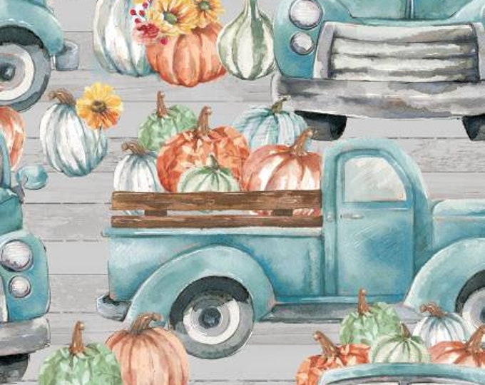 Happy Harvest Grey Pumpkins Truck Fabric Yardage, Happy Harvest, Courtney Morgenstern, 3 Wishes Fabric, Cotton Quilt Fabric, Autumn Fabric