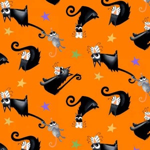 ¡Buu! Tela naranja con diseño de gatos que brillan en la oscuridad, Henry Glass, tela de algodón para colchas, tela para Halloween