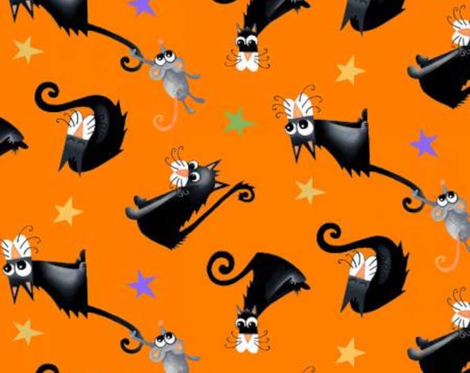 Boo! Orange Tossed Cats Glow in the Dark Fabric Yardage, Henry Glass, Cotton Quilt Fabric, Halloween Fabric