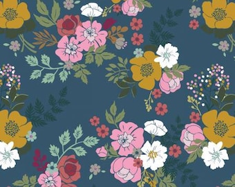 Remnant 1-Yard Whimsical Romance Main Denim Fabric Yardage, Keera Job, Riley Blake Designs, Cotton Quilt Fabric, Floral Fabric