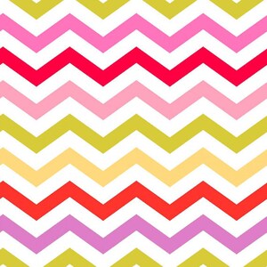 May include: A seamless pattern of colorful chevron stripes in shades of pink, red, yellow, orange, and purple on a white background.