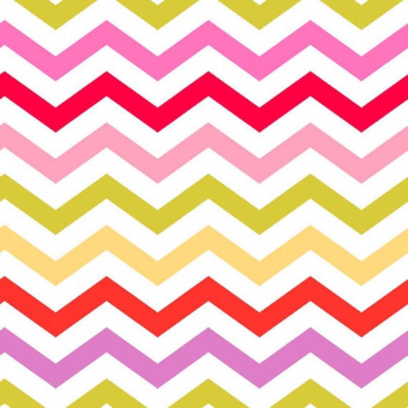 May include: A seamless pattern of colorful chevron stripes in shades of pink, red, yellow, orange, and purple on a white background.