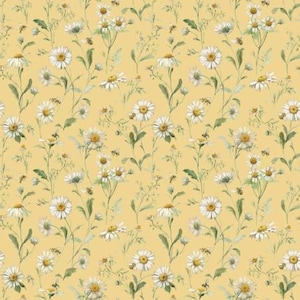 Puede incluir: Un patrón sin costuras que presenta margaritas blancas con centros amarillos sobre un fondo amarillo pálido. Las margaritas están dispuestas en un patrón repetitivo, con algunas flores superpuestas. El fondo es de un color amarillo suave.