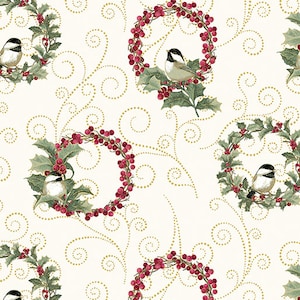 Festive Medley Chickadee Wreaths Cream w/Metallic Fabric Yardage, Benartex, Jackie Robinson, Cotton Quilting Fabric, Christmas Fabric