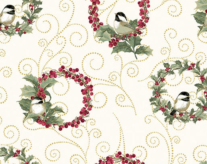 Festive Medley Chickadee Wreaths Cream w/Metallic Fabric Yardage, Benartex, Jackie Robinson, Cotton Quilting Fabric, Christmas Fabric