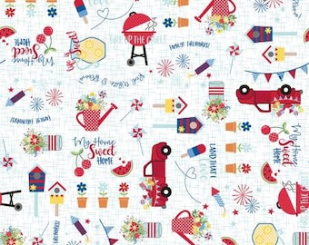 Red, White & Bloom White Graffiti Multi Fabric Yardage, Kimberbell Designs, Maywood Studio, Cotton Quilt Fabric, Patriotic Fabric