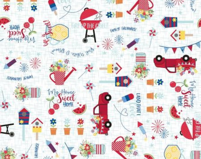 Remnant 1-Yard Red, White & Bloom White Graffiti Multi Fabric Yardage, Kimberbell Designs, Maywood Studio, Cotton Quilt Fabric, Patriotic
