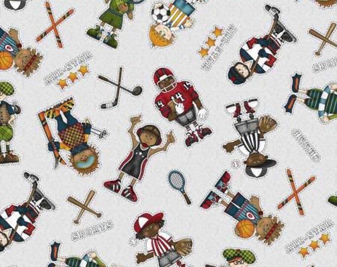 I Love Sports Fabric Gray Tossed Characters Fabric Yardage, Leanne Anderson, Henry Glass, Cotton Quilt Fabric, Sports Fabric