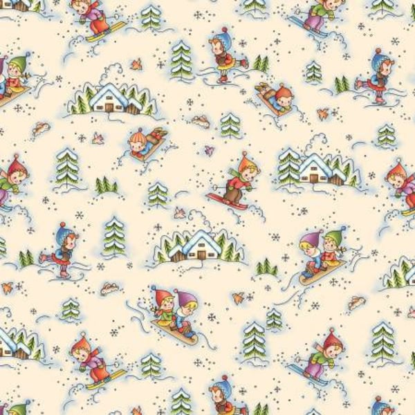 Winter Fun Cream Snow Day Outing Fabric Yardage, Michael Miller Fabrics, Cotton Quilt, Winter Fabric