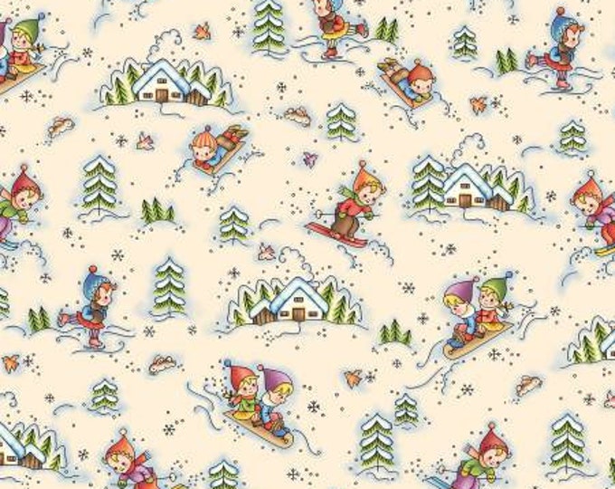 Winter Fun Cream Snow Day Outing Fabric Yardage, Michael Miller Fabrics, Cotton Quilt, Winter Fabric