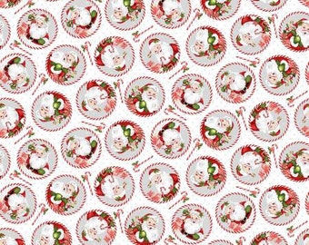 Candy Cane Lane White Red Min Santa Circles Fabric Yardage, Kathleen Francour, Studio E, Cotton Quilt Fabric, Christmas Fabric