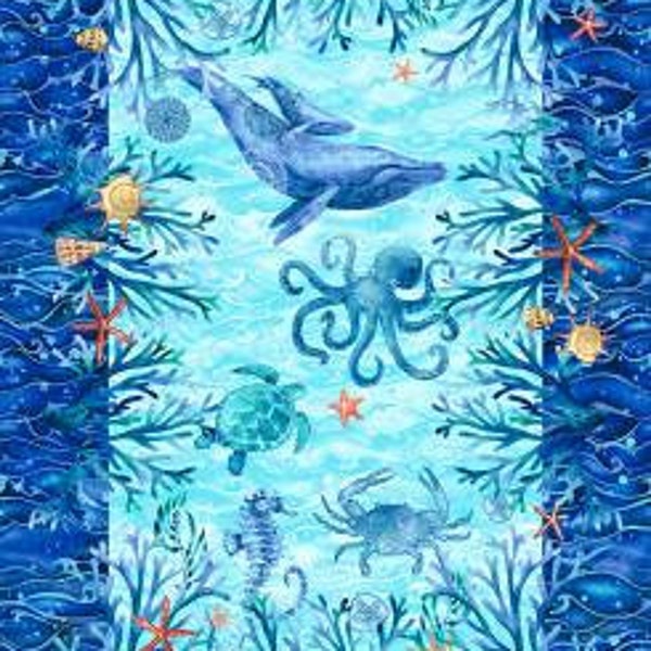 Deep Blue Sea Blue Sea Creature 24-Inch Panel, Geoff Allen, Studio E, Cotton Quilt Fabric, Ocean Fabric