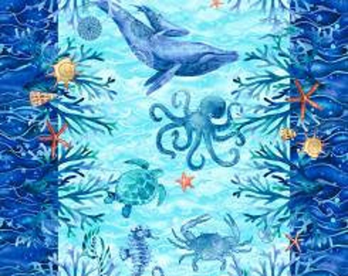 Deep Blue Sea Blue Sea Creature 24-Inch Panel, Geoff Allen, Studio E, Cotton Quilt Fabric, Ocean Fabric