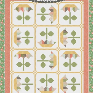May include: A floral quilt pattern with a repeating design of stylized flowers in yellow, peach, and green. The quilt is labeled "Coriander Quilts by Corey Yoder" and "#221 Sweetest."