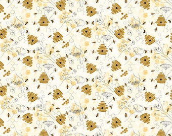 Royal Jelly Ivory Bees with Beehives Fabric Yardage, Jane Archer, Blank Quilting, Cotton Quilt Fabric, Floral Fabric